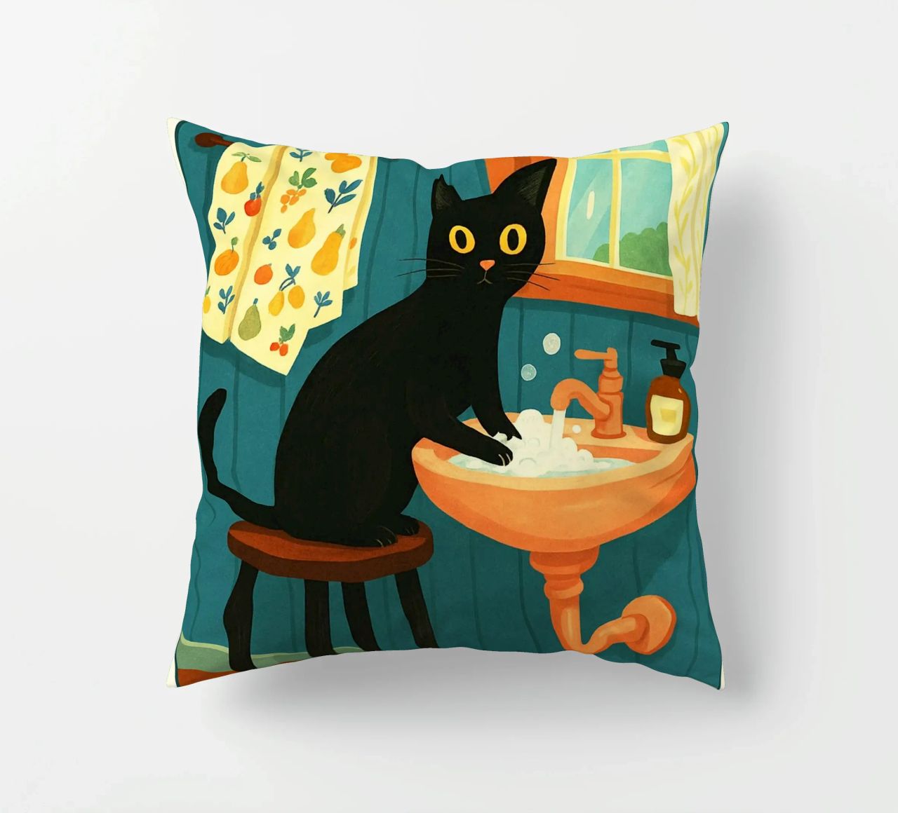 Wash your Paws Black Cat Funny Bathroom Art (Lavez vos pattes, chat noir, art de la salle de bain) coussin de the gindils