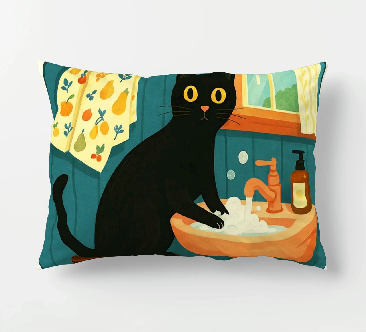Wash your Paws Black Cat Funny Bathroom Art (Lavez vos pattes, chat noir, art de la salle de bain) coussin de the gindils