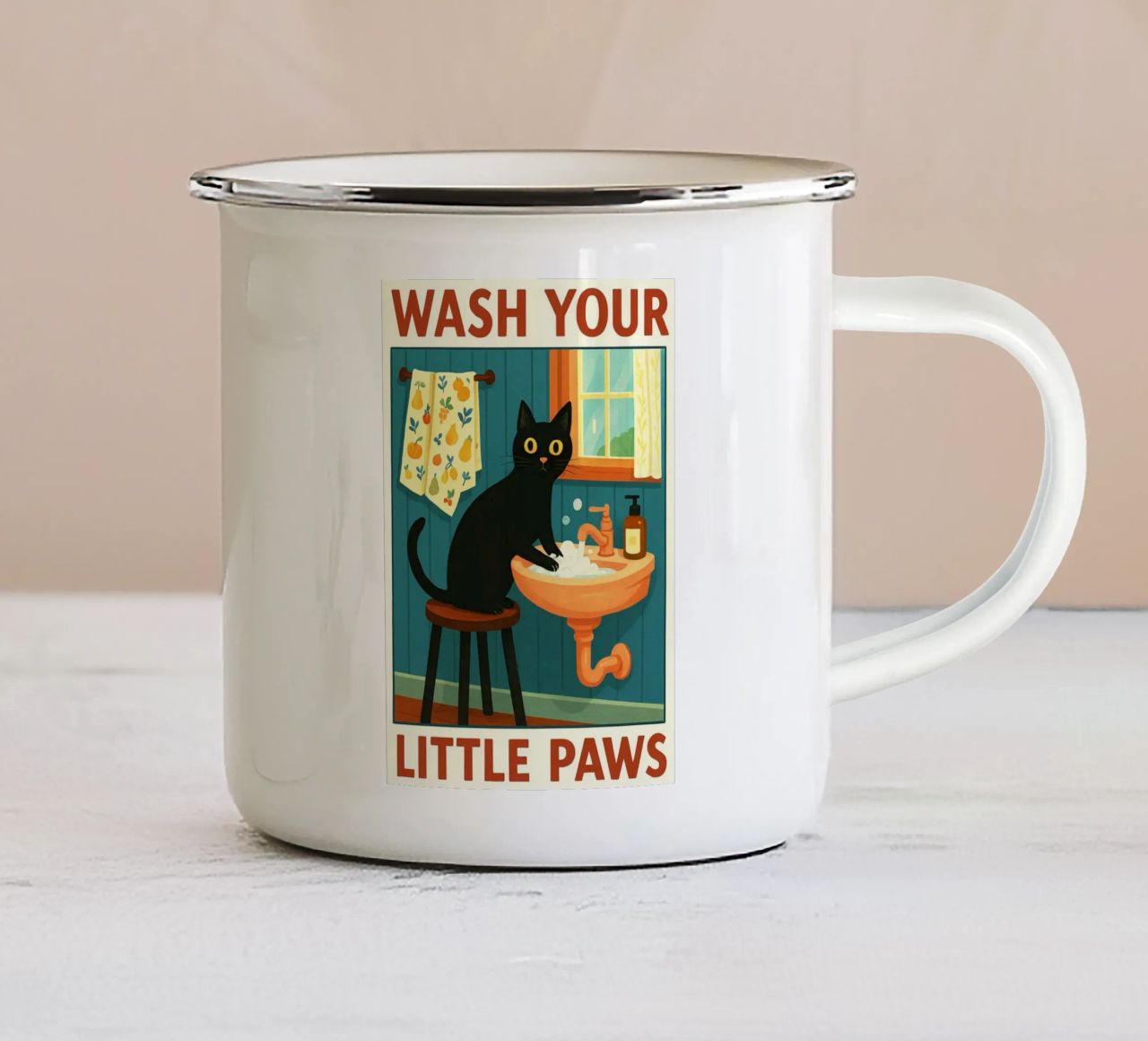 Wash your Paws Black Cat Funny Bathroom Art (Lavez vos pattes, chat noir, art de la salle de bain) mug en émail de the gindils
