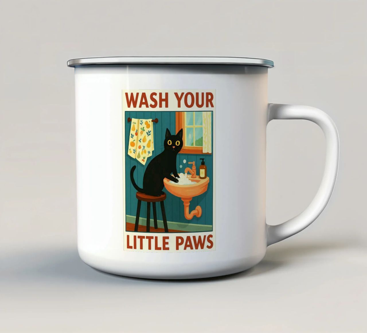 Wash your Paws Black Cat Funny Bathroom Art (Lavez vos pattes, chat noir, art de la salle de bain) mug en émail de the gindils