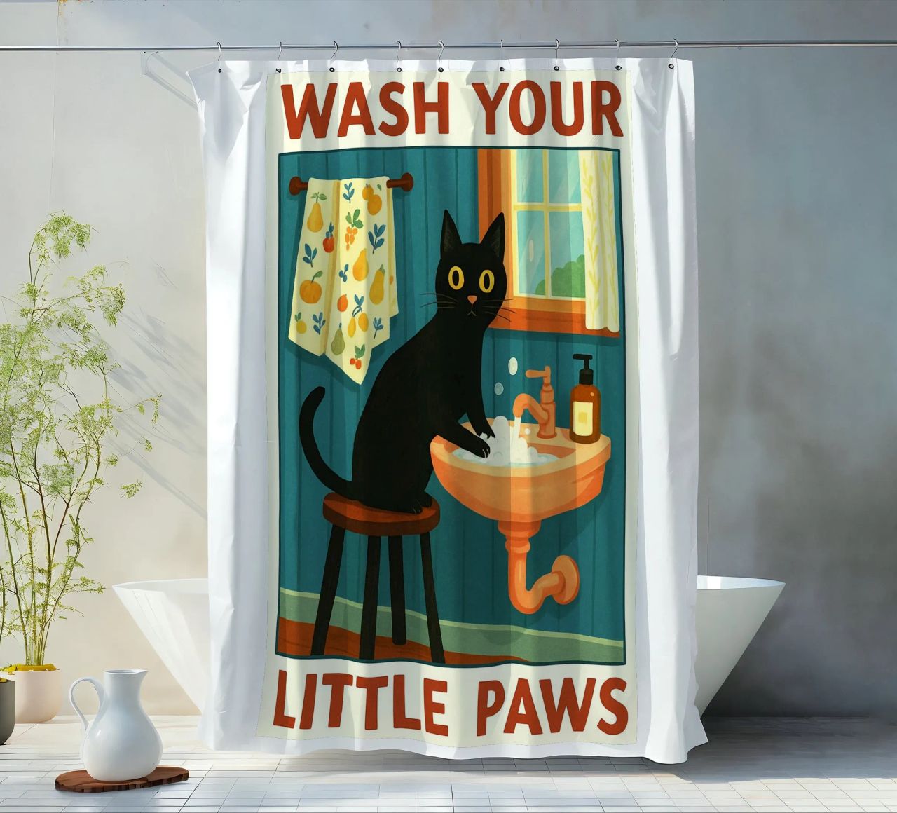 Wash your Paws Black Cat Funny Bathroom Art (Lavez vos pattes, chat noir, art de la salle de bain) rideau de douche de the gindils