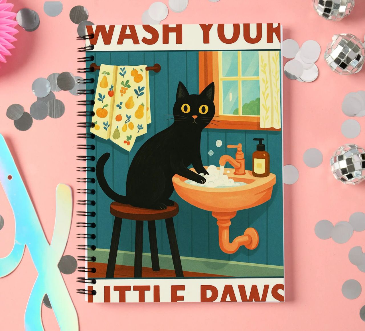 Wash your Paws Black Cat Funny Bathroom Art (Lavez vos pattes, chat noir, art de la salle de bain) carnet à spirale de the gindils