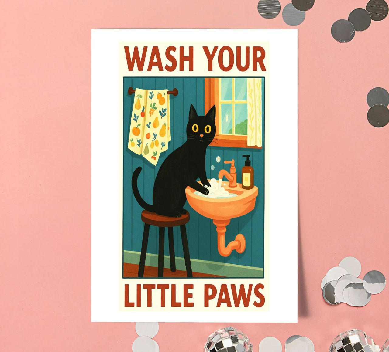 Wash your Paws Black Cat Funny Bathroom Art (Lavez vos pattes, chat noir, art de la salle de bain) planche autocollant de the gindils