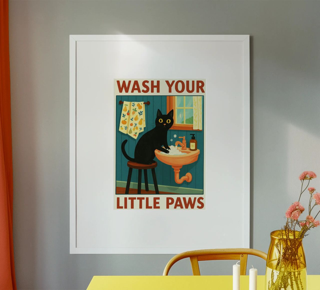 Wash your Paws Black Cat Funny Bathroom Art (Lavez vos pattes, chat noir, art de la salle de bain) poster de the gindils