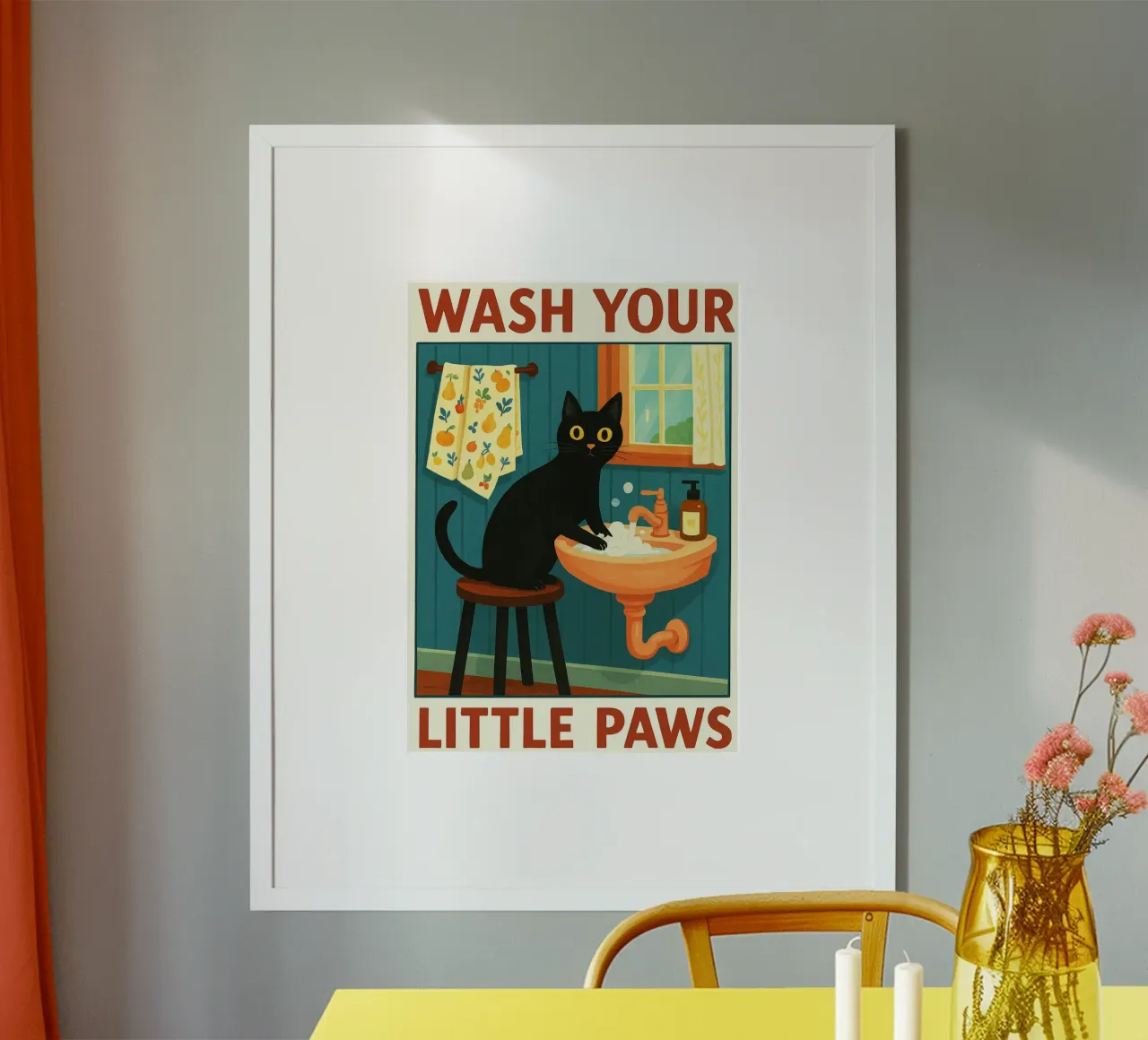 Gatto nero che si lava le zampe: arte da bagno divertente poster da the gindils