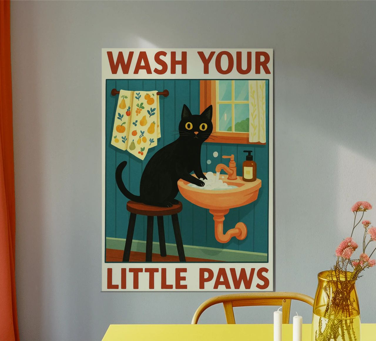 Wash your Paws Black Cat Funny Bathroom Art (Lavez vos pattes, chat noir, art de la salle de bain) poster de the gindils