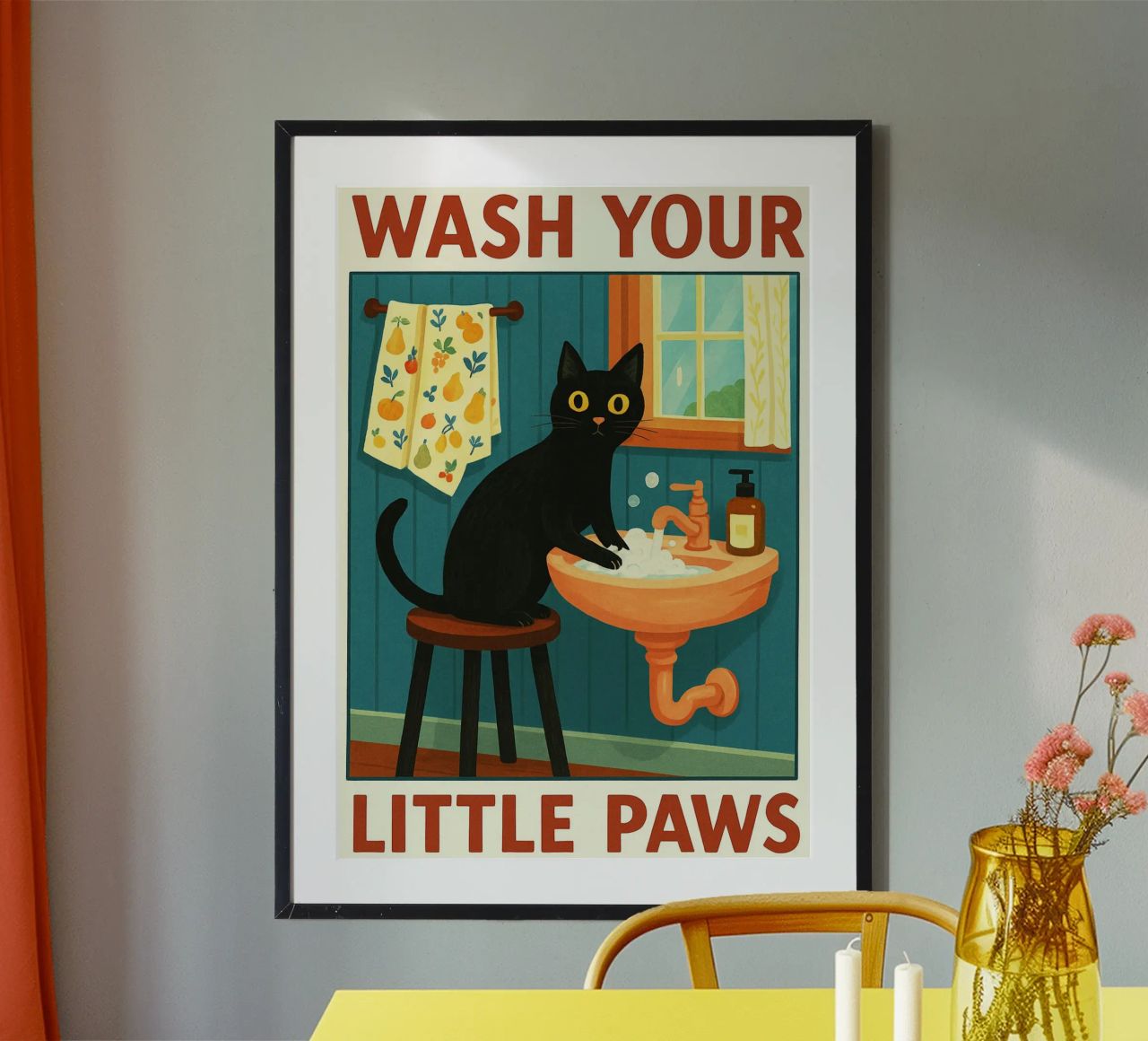 Wash your Paws Black Cat Funny Bathroom Art (Lavez vos pattes, chat noir, art de la salle de bain) poster de the gindils