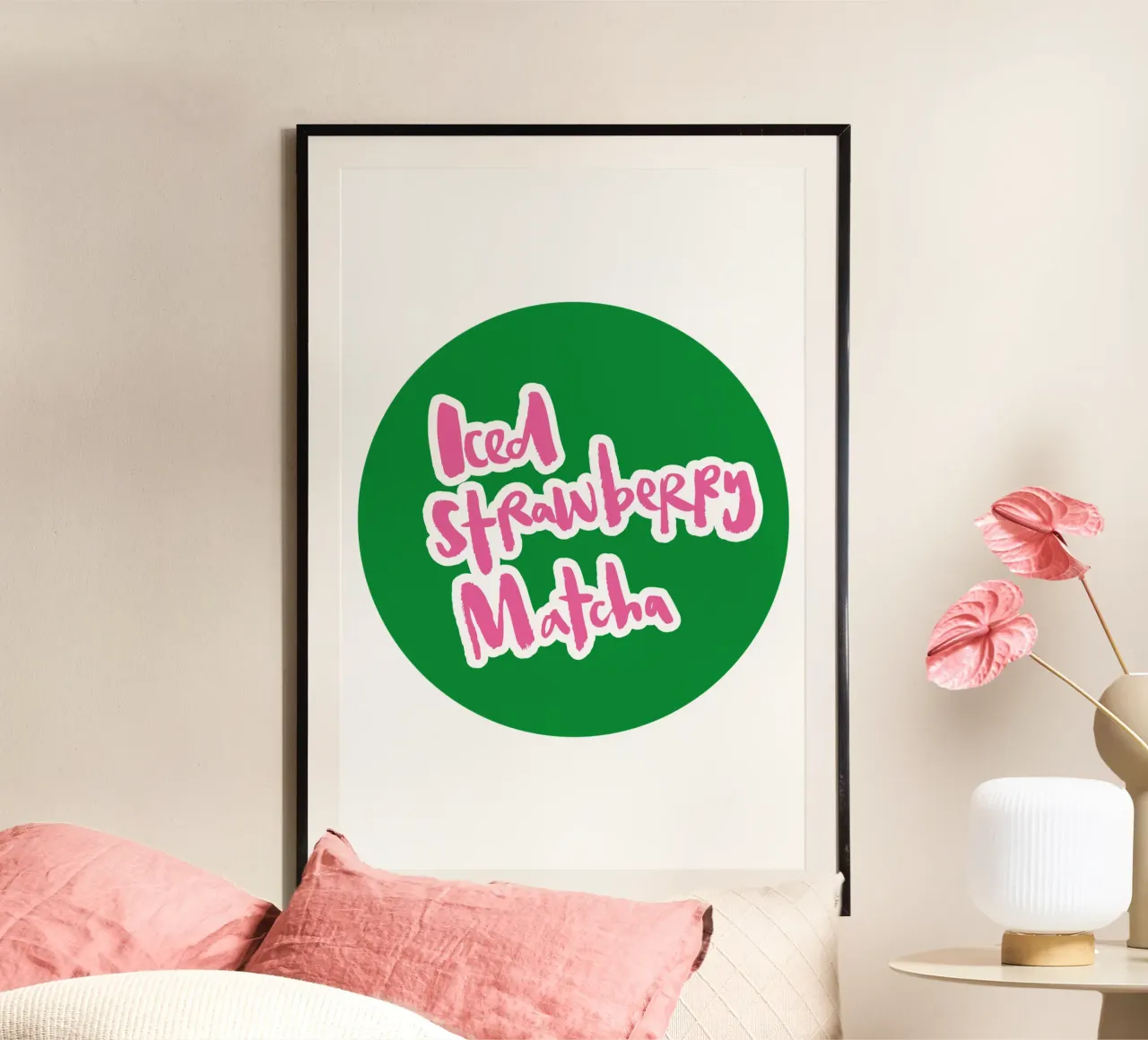Iced Strawberry Matcha - Brush Lettering poster con telaio in alluminio da Brushmeetspaper