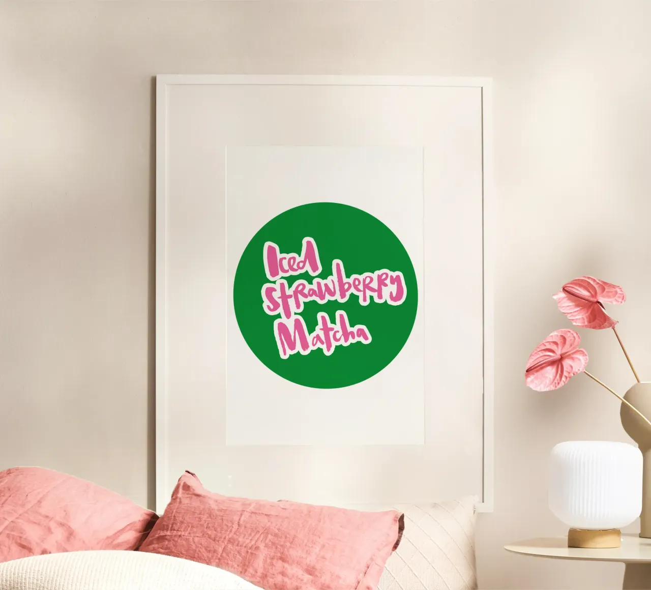 Iced Strawberry Matcha - Brush Lettering poster con telaio in alluminio da Brushmeetspaper