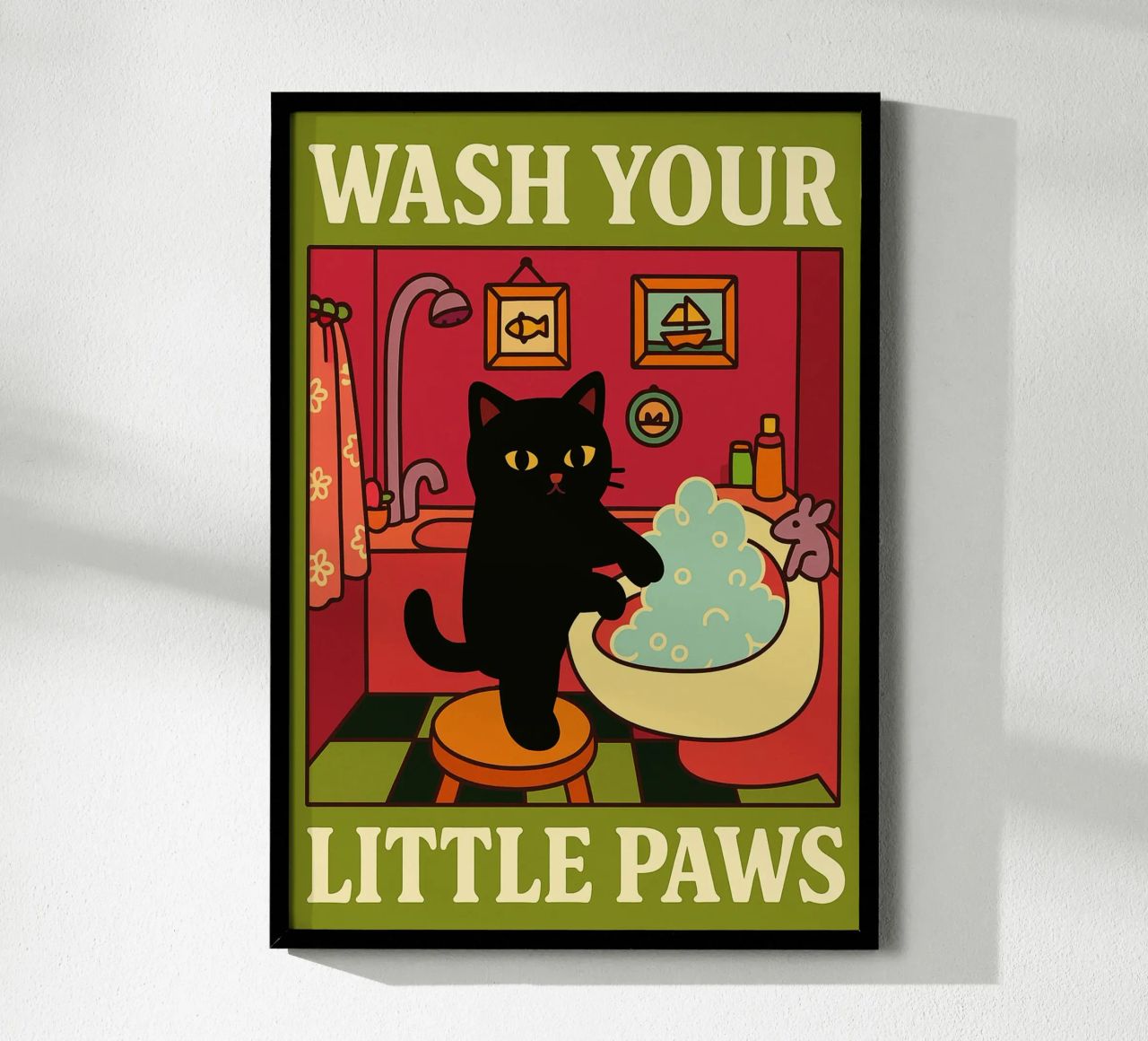 Wash your Paws Cat Funny Bathroom Art (Laver ses pattes) poster de the gindils