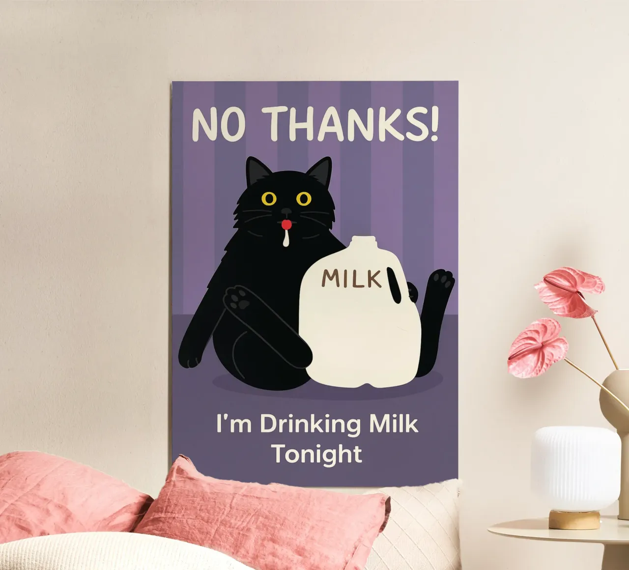 Gatto che beve latte poster con telaio in legno da the gindils