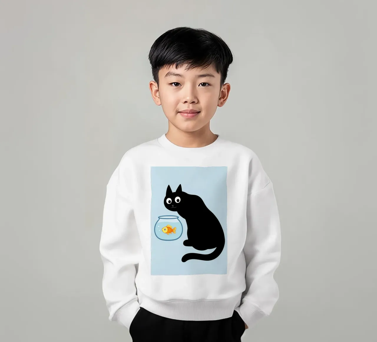Chat regardant dans un bocal à poisson en or sweat enfant de the gindils