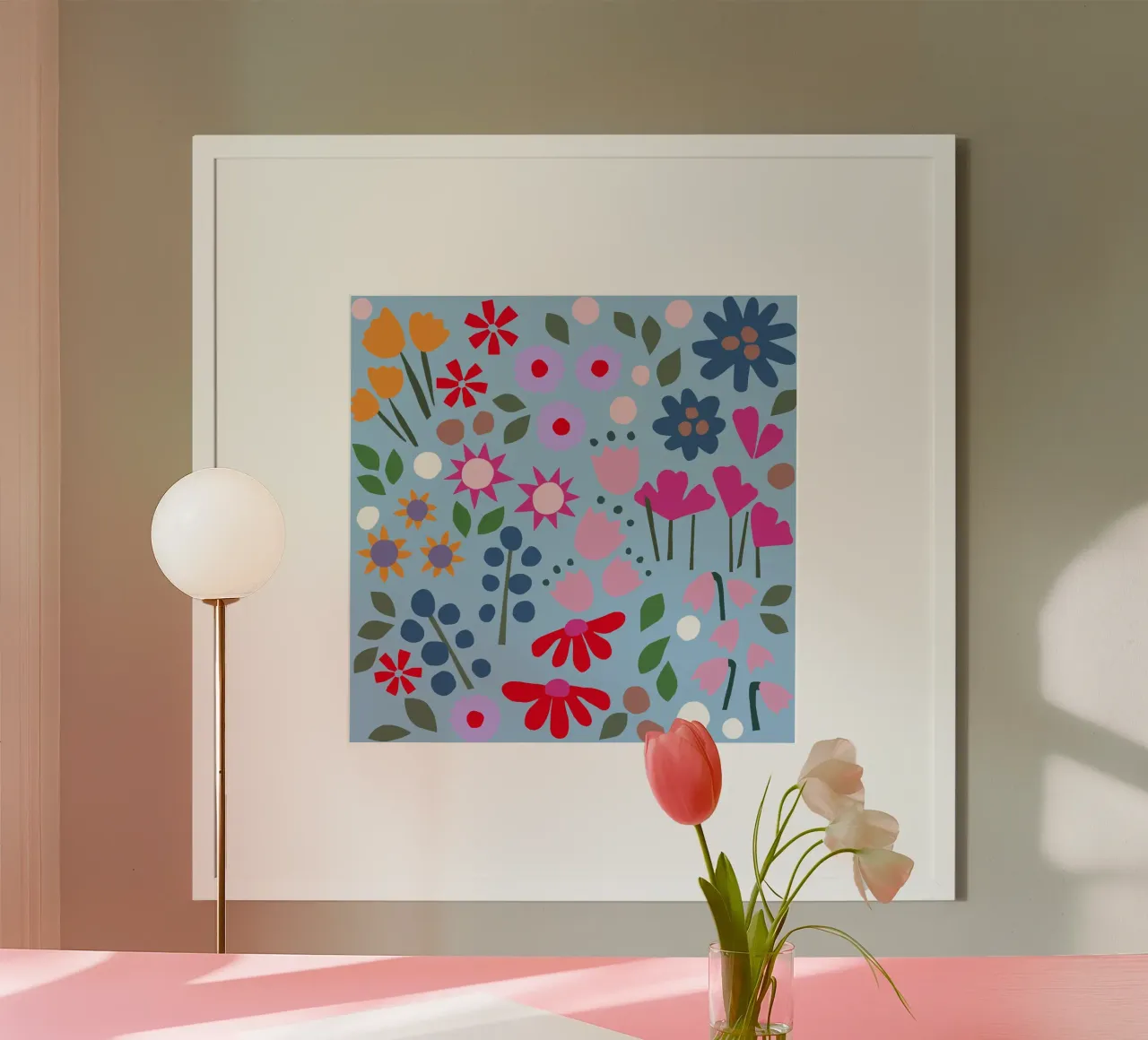 Millefleur Muster hellblau poster con telaio in legno da Iris Knabenschuh Design