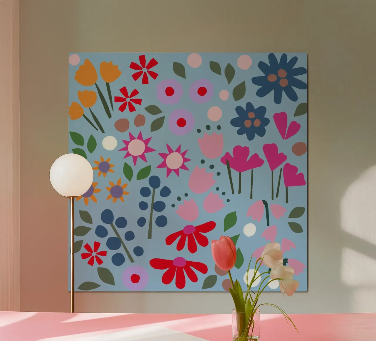 Millefleur Muster hellblau poster con telaio in legno da Iris Knabenschuh Design