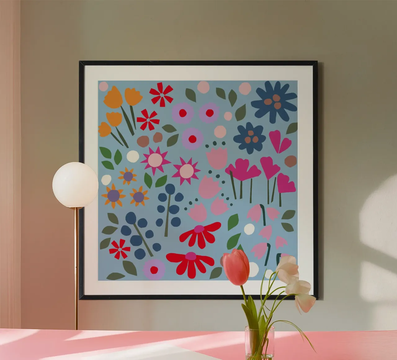 Millefleur Muster hellblau poster con telaio in legno da Iris Knabenschuh Design