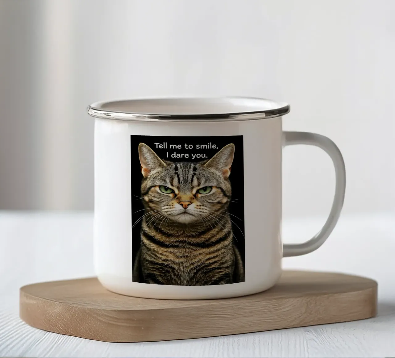Gatto dimmi di sorridere, ti sfido tazza in smalto da the gindils