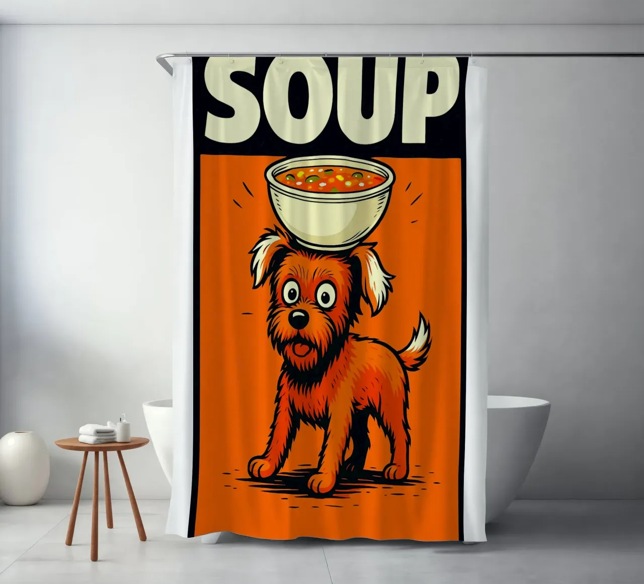 Dog balancing soup shower curtain by the gindils