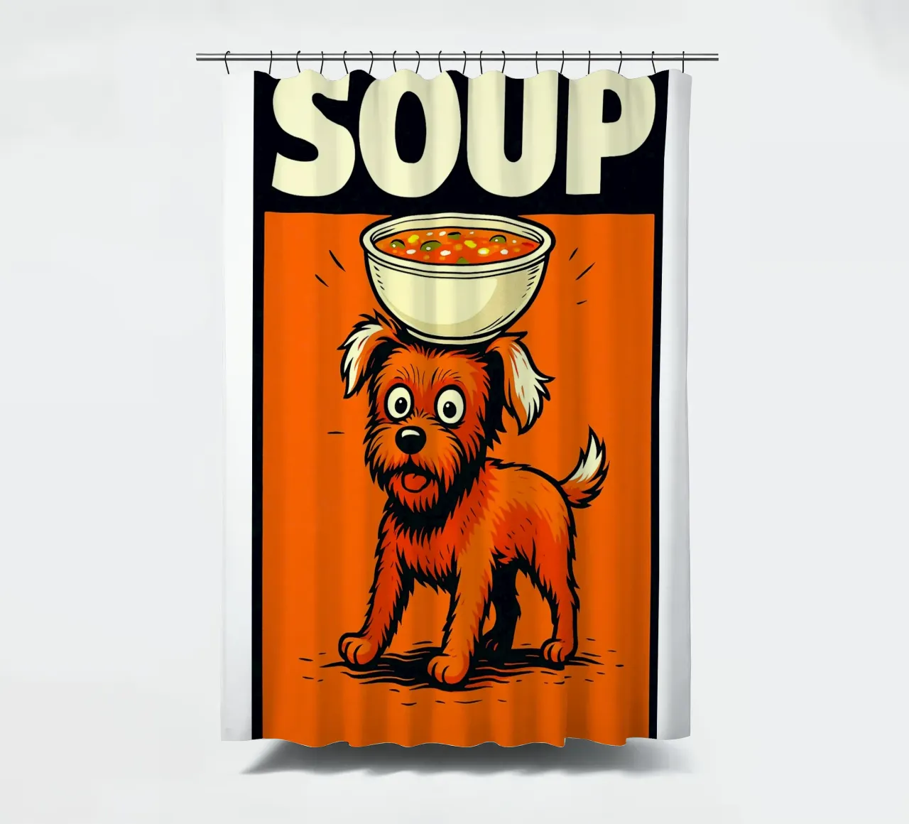 Dog balancing soup shower curtain by the gindils