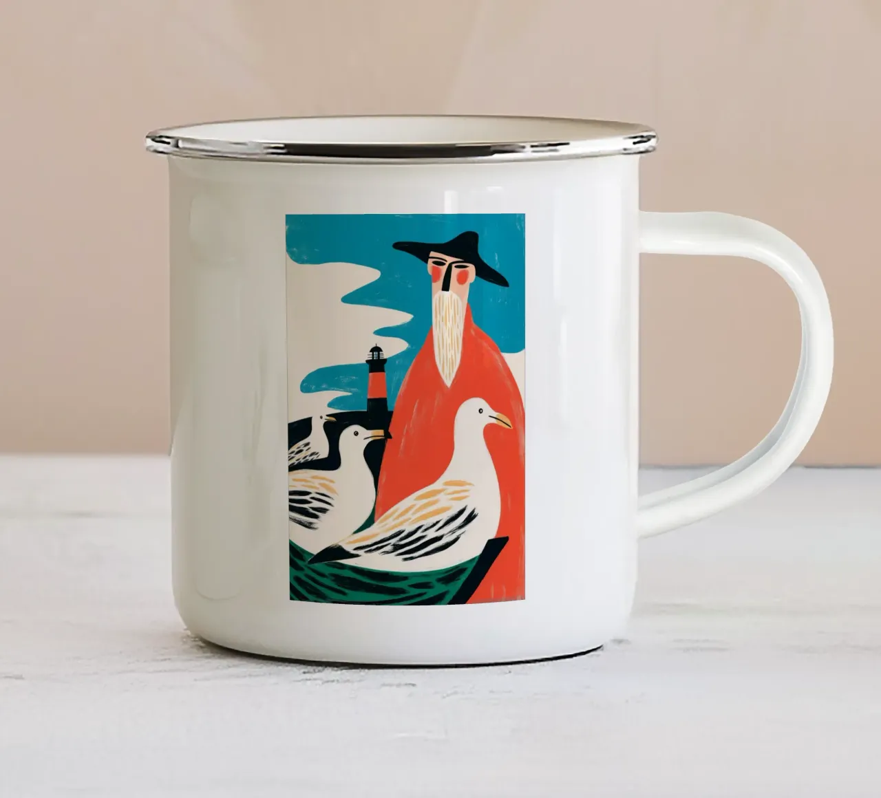 3 gabbiani e un pescatore | Illustrazione marittima tazza in smalto da Autofocus