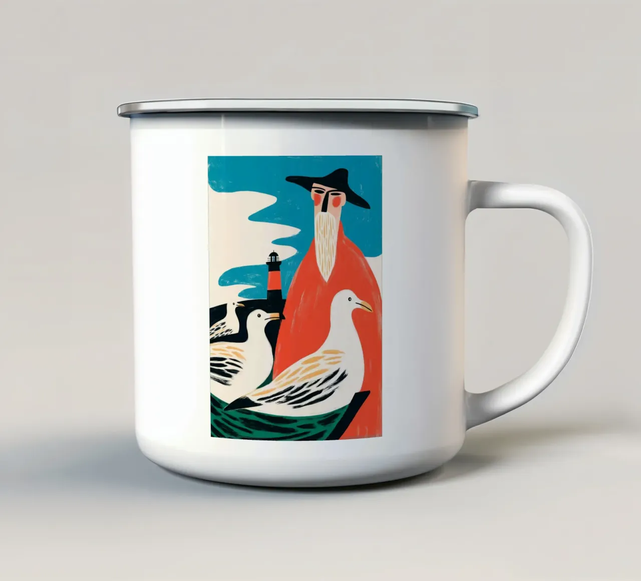 3 gabbiani e un pescatore | Illustrazione marittima tazza in smalto da Autofocus