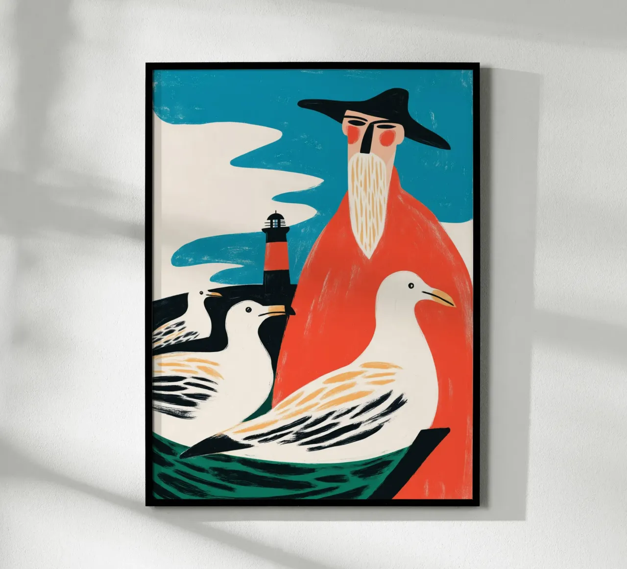 3 Möwen und ein Fischer | Maritime Illustration Hahnemühle von Autofocus