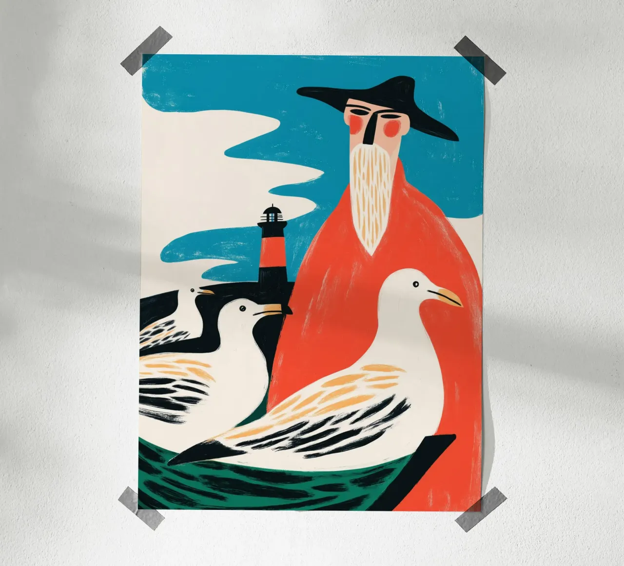 3 Möwen und ein Fischer | Maritime Illustration Hahnemühle von Autofocus