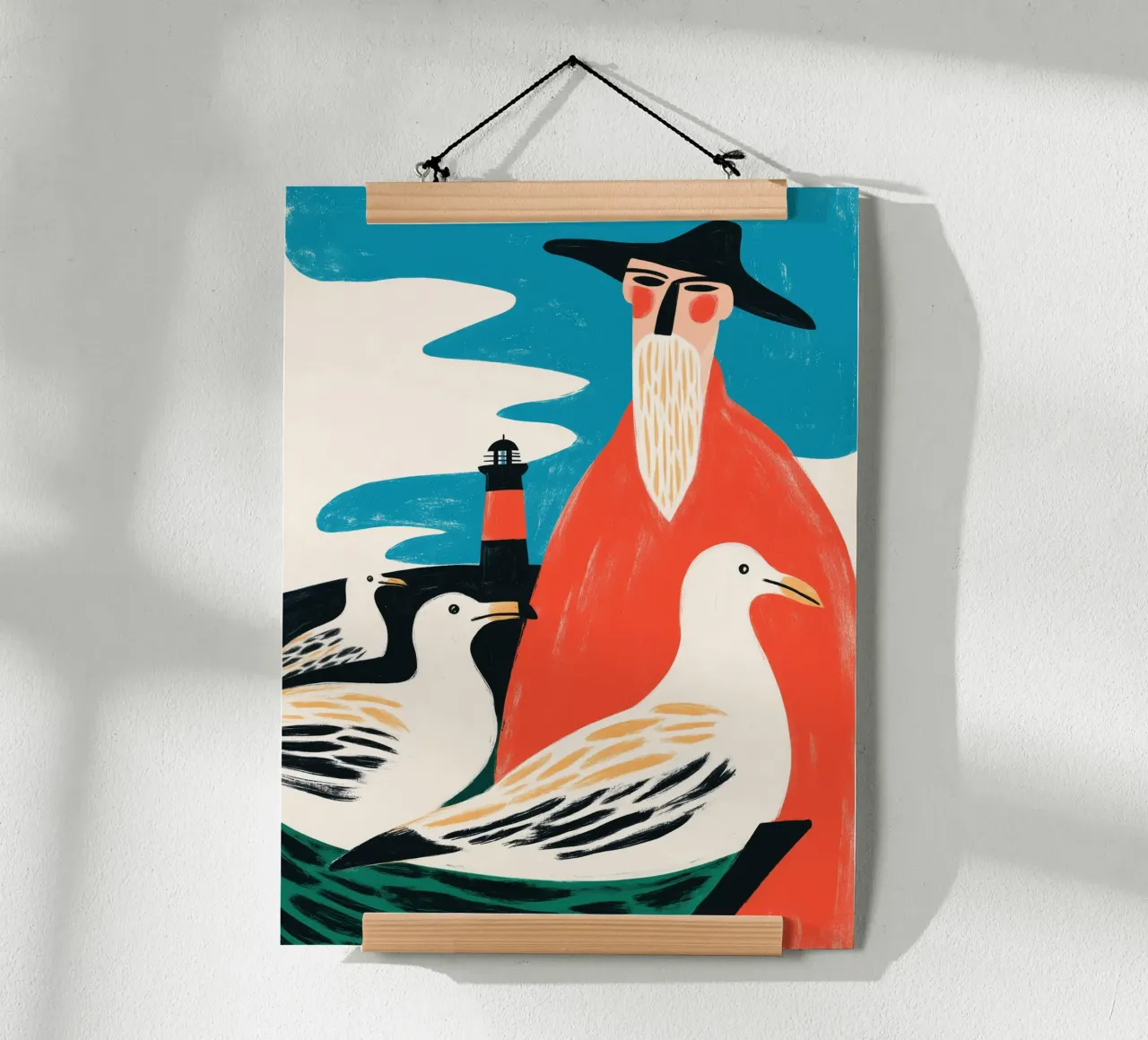 3 Möwen und ein Fischer | Maritime Illustration Hahnemühle von Autofocus