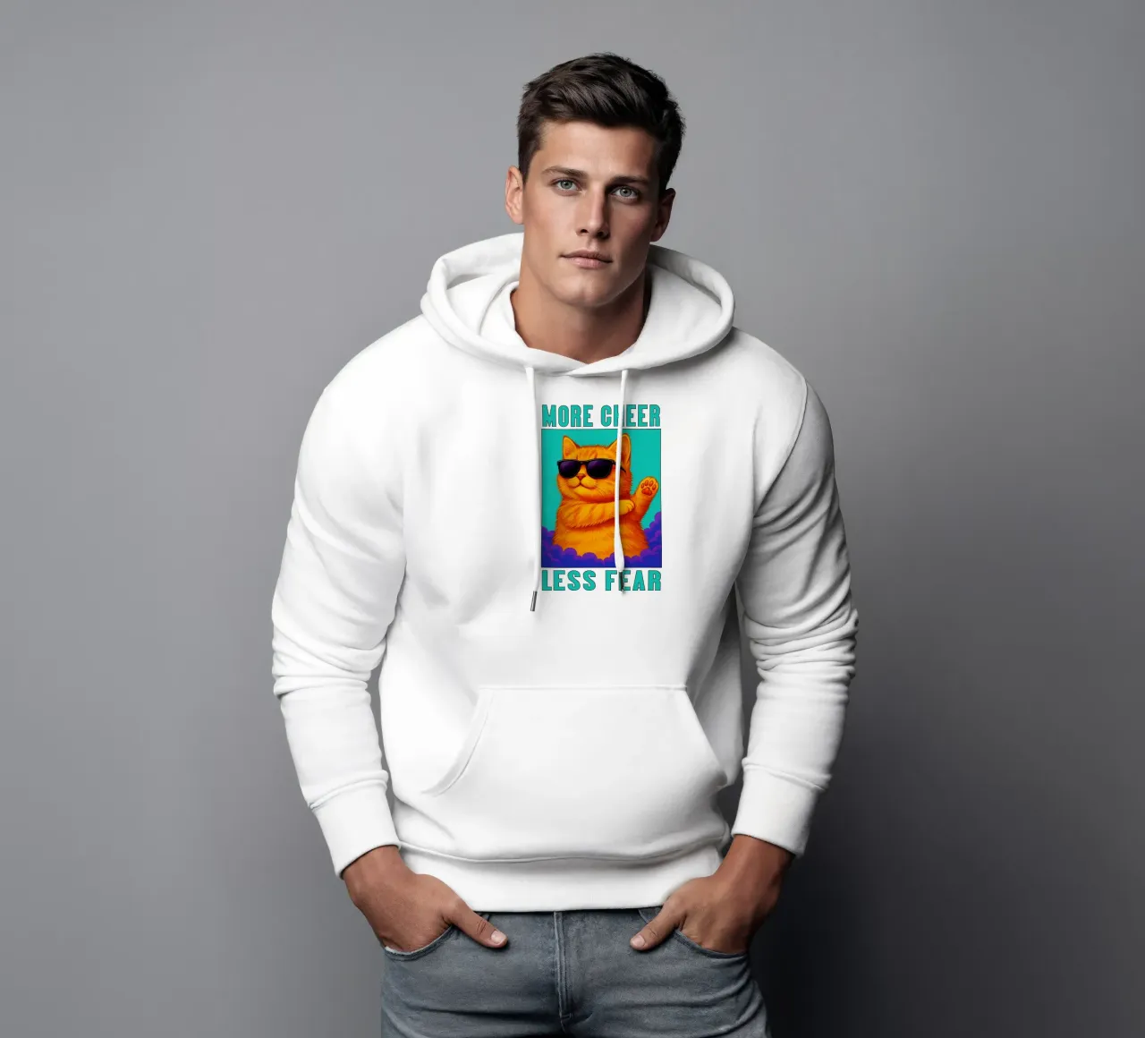 Divertente gatto cool More Cheer Less Fear Art felpa con cappuccio da the gindils