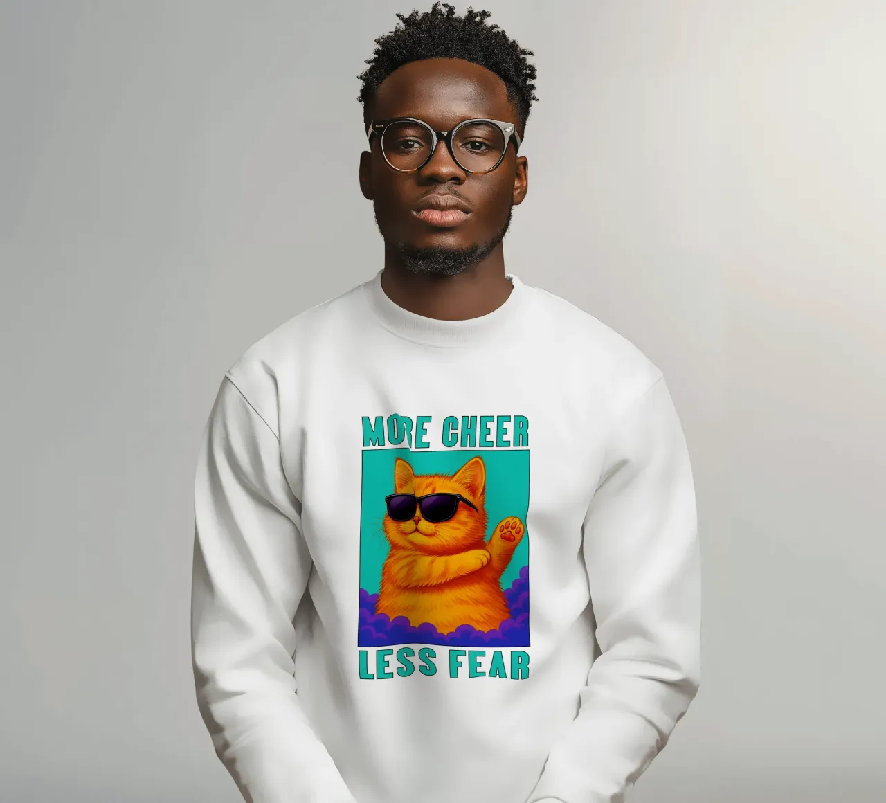 Funny Cool Cat More Cheer Less Fear Art sudadera de the gindils