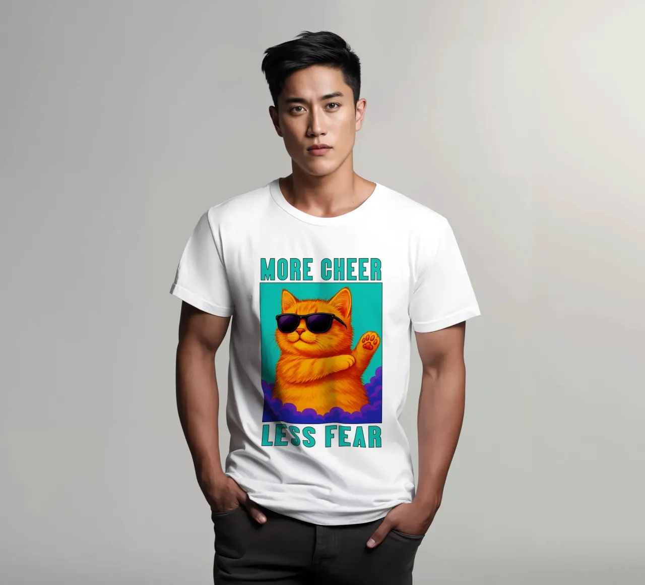 Divertente gatto cool More Cheer Less Fear Art t-shirt da the gindils