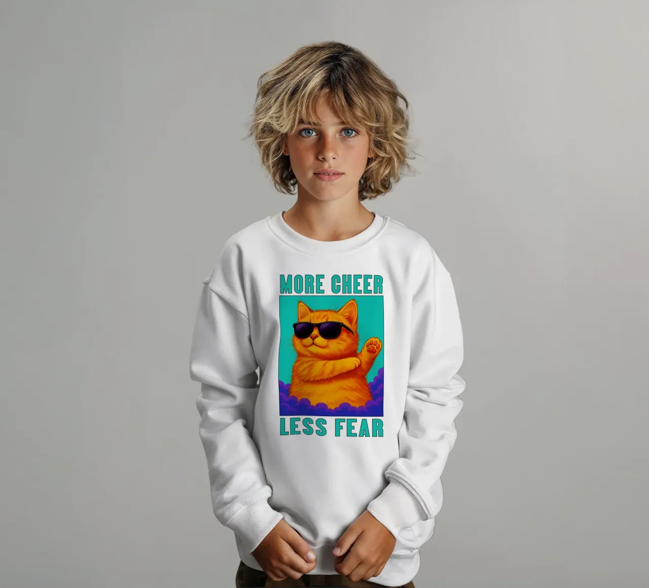 Funny Cool Cat More Cheer Less Fear Art sudadera para niño de the gindils