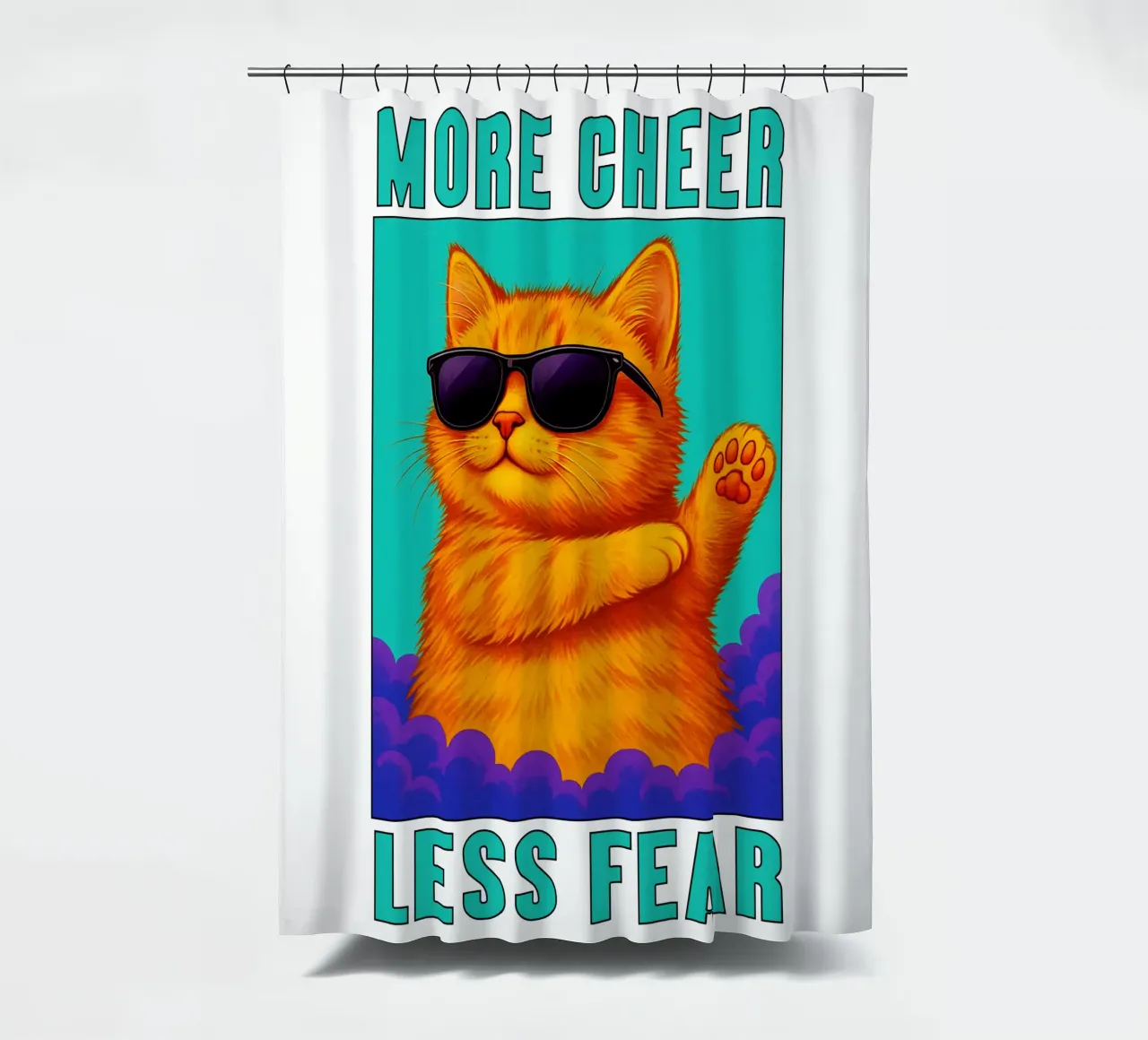 Funny Cool Cat More Cheer Less Fear Art shower curtain by the gindils