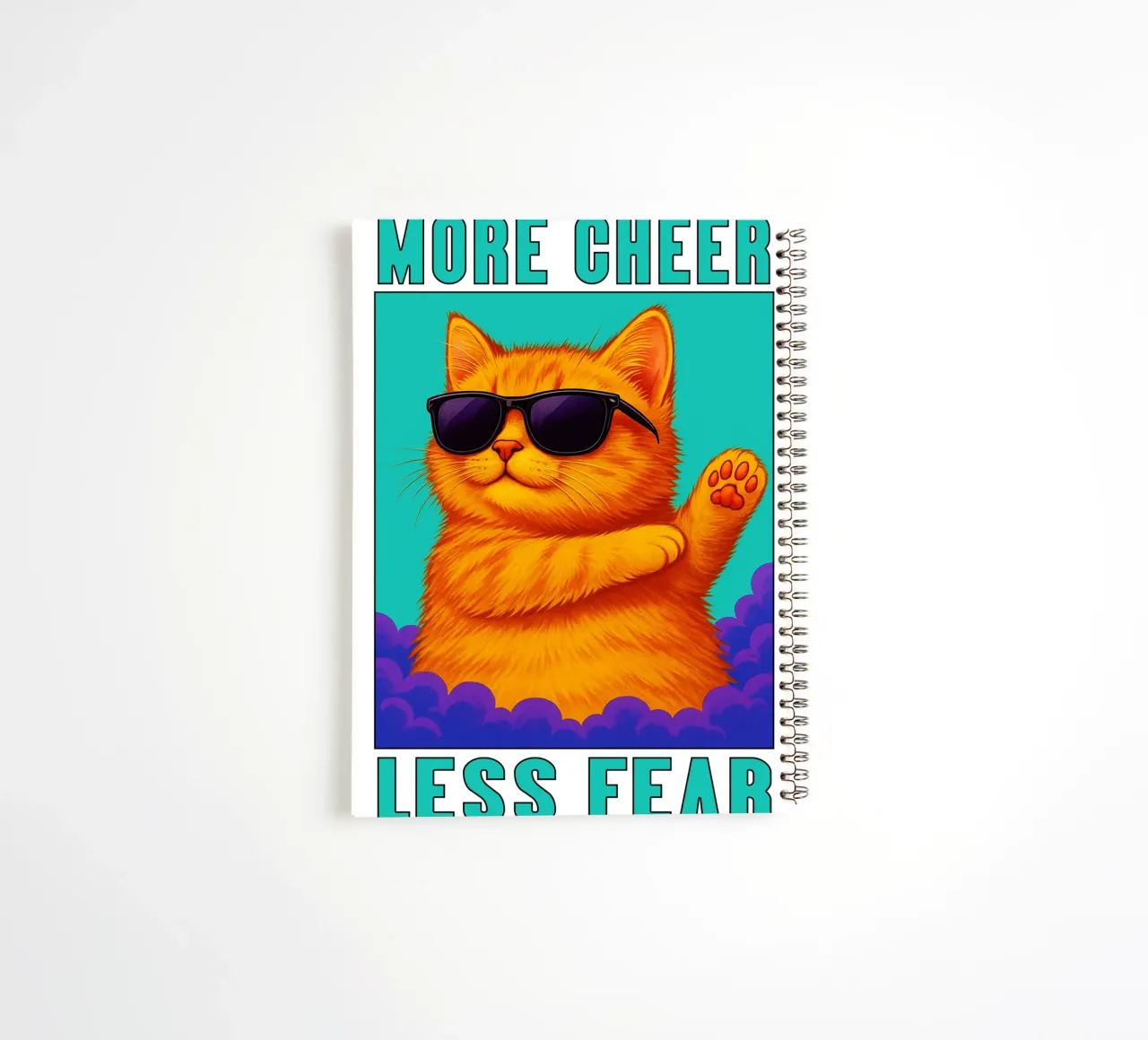 Funny Cool Cat More Cheer Less Fear Art spiral notebook by the gindils