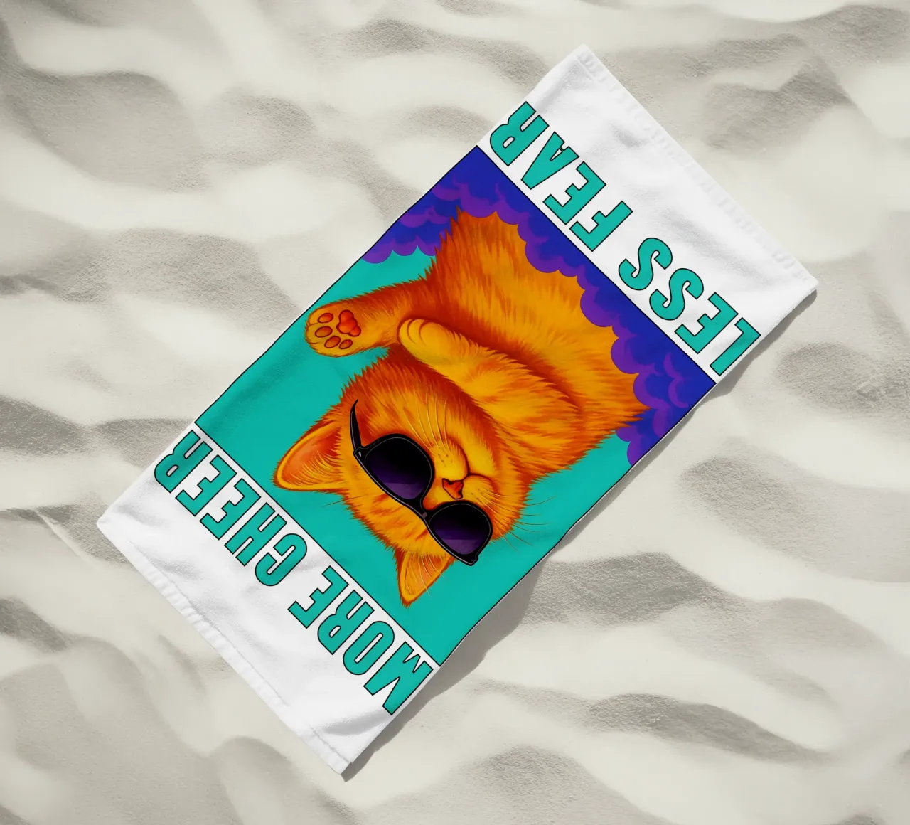 Funny Cool Cat More Cheer Less Fear Art beach towel by the gindils