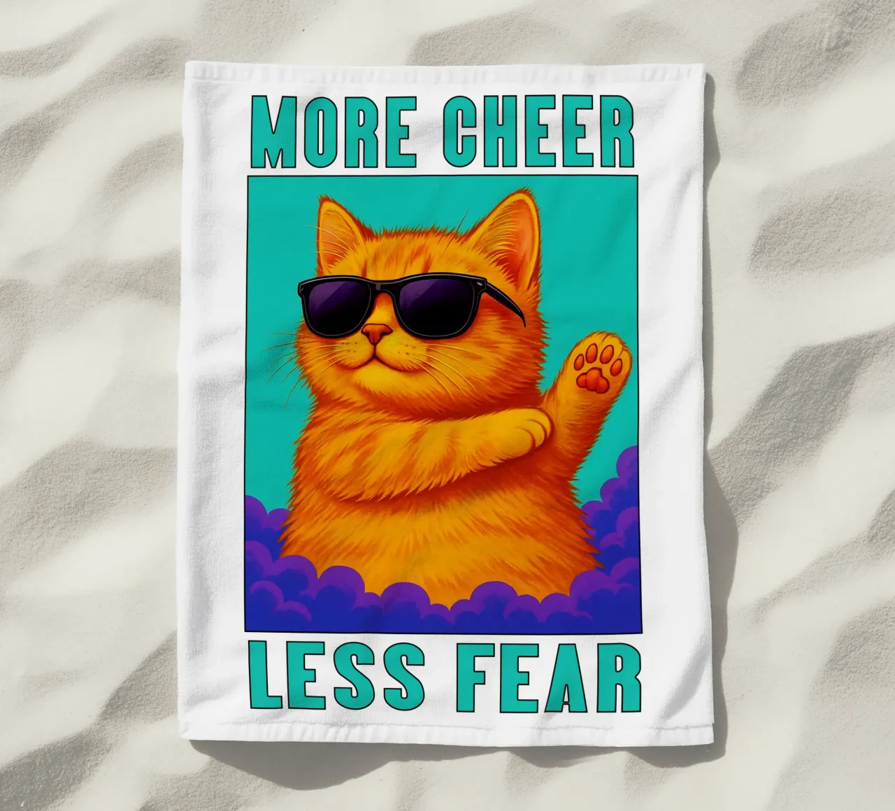Funny Cool Cat More Cheer Less Fear Art beach towel by the gindils