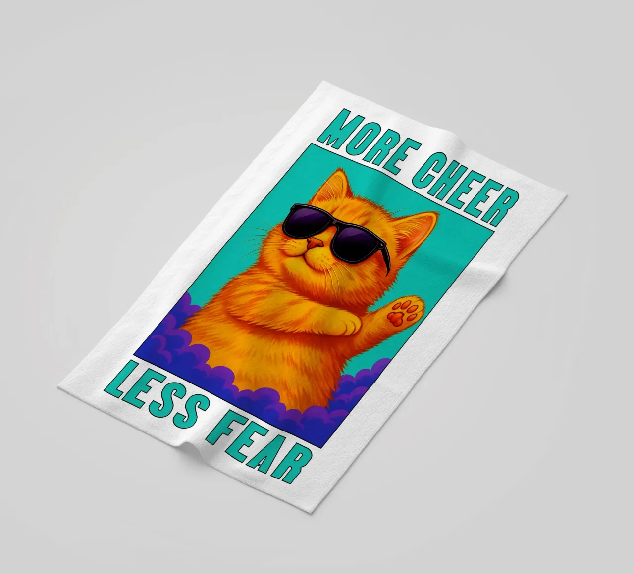 Funny Cool Cat More Cheer Less Fear Art beach towel by the gindils