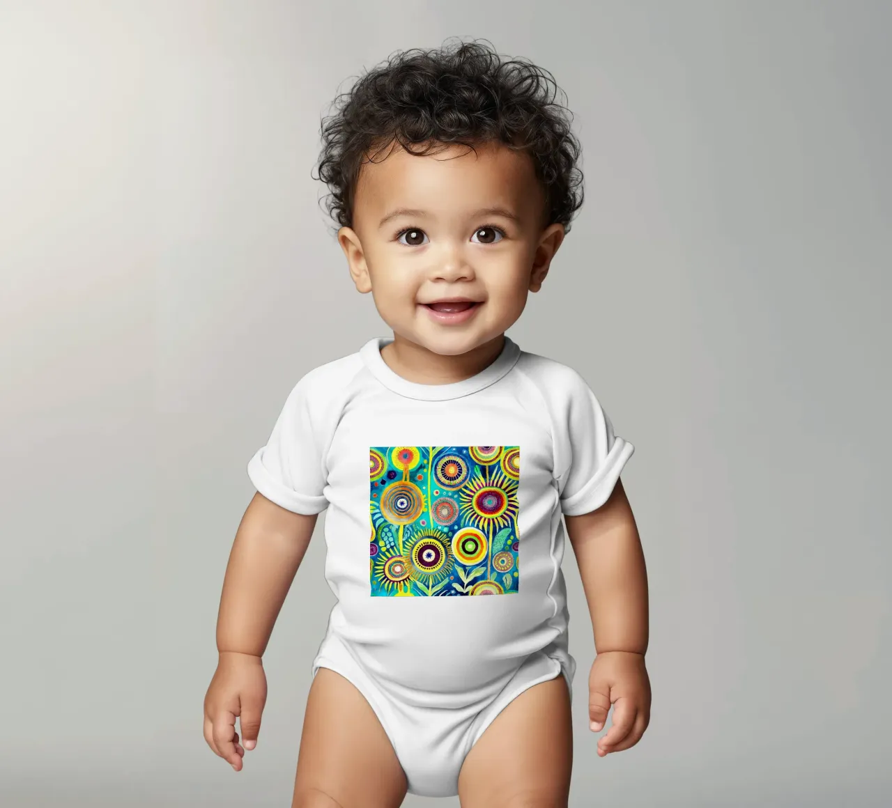 Funky Dandelions short-sleeve baby romper by Botanical Pattern House