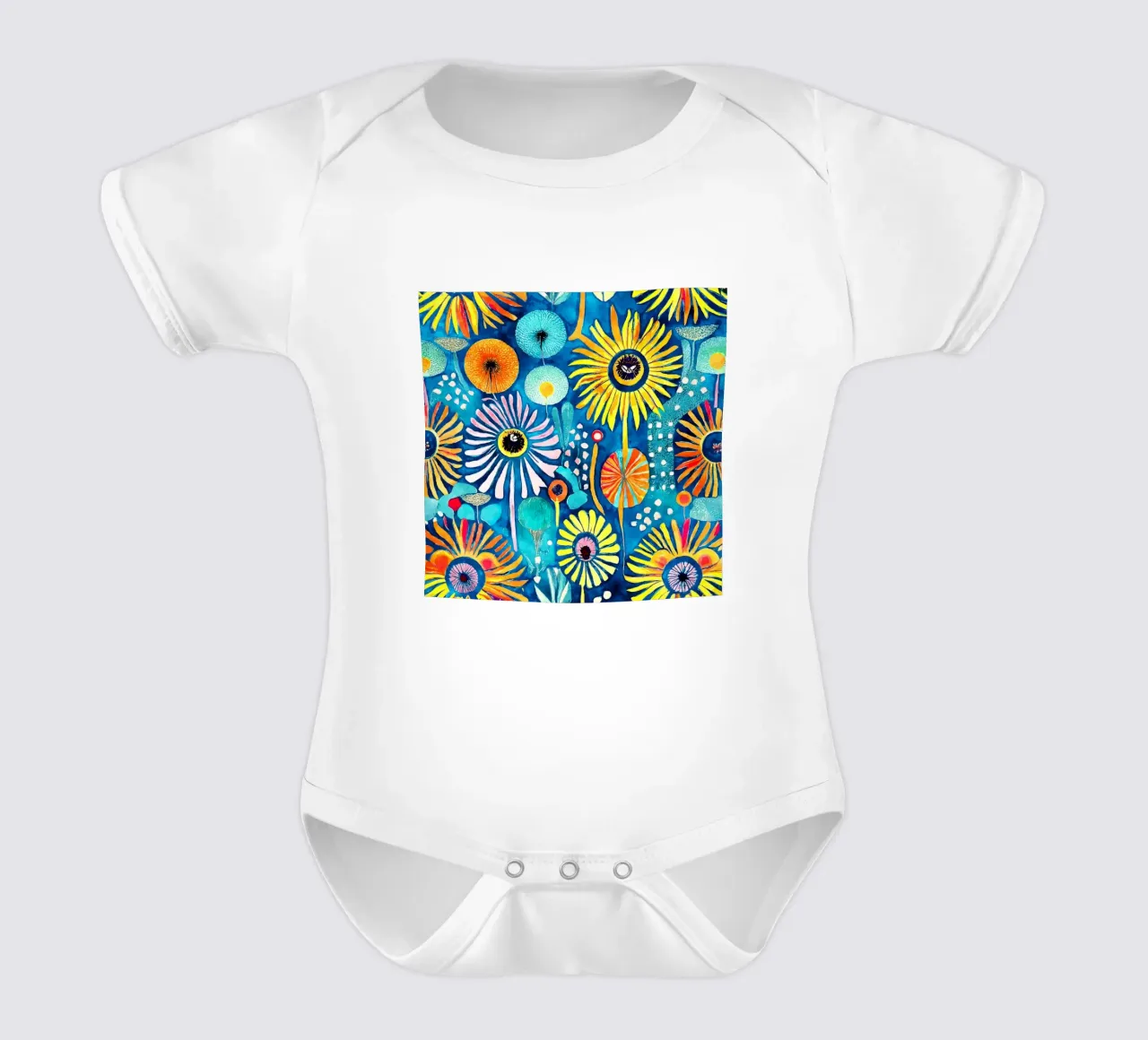 Funky Dandelions short-sleeve baby romper by Botanical Pattern House