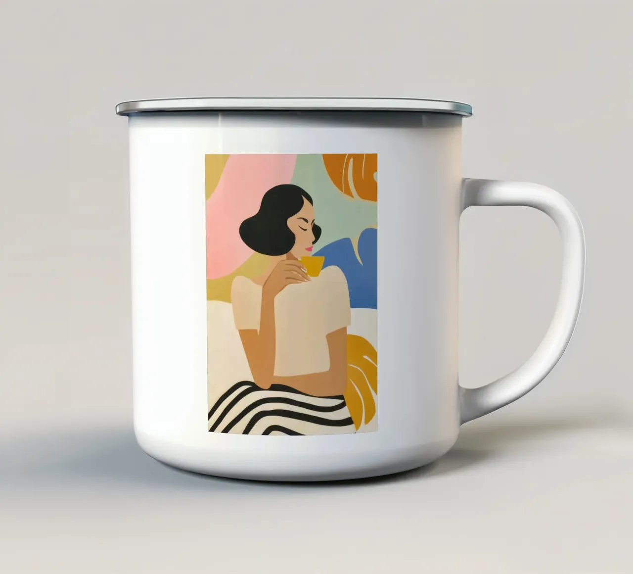 Donna che gusta un espresso | Illustrazione di tendenza tazza in smalto da Autofocus
