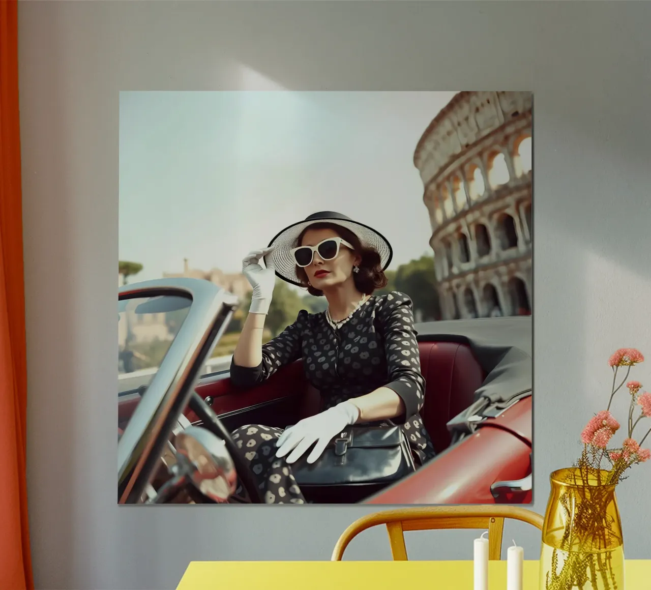 Dame uit 1960 in cabriolet bij Colloseum poster met houten frame van Anita's Dream