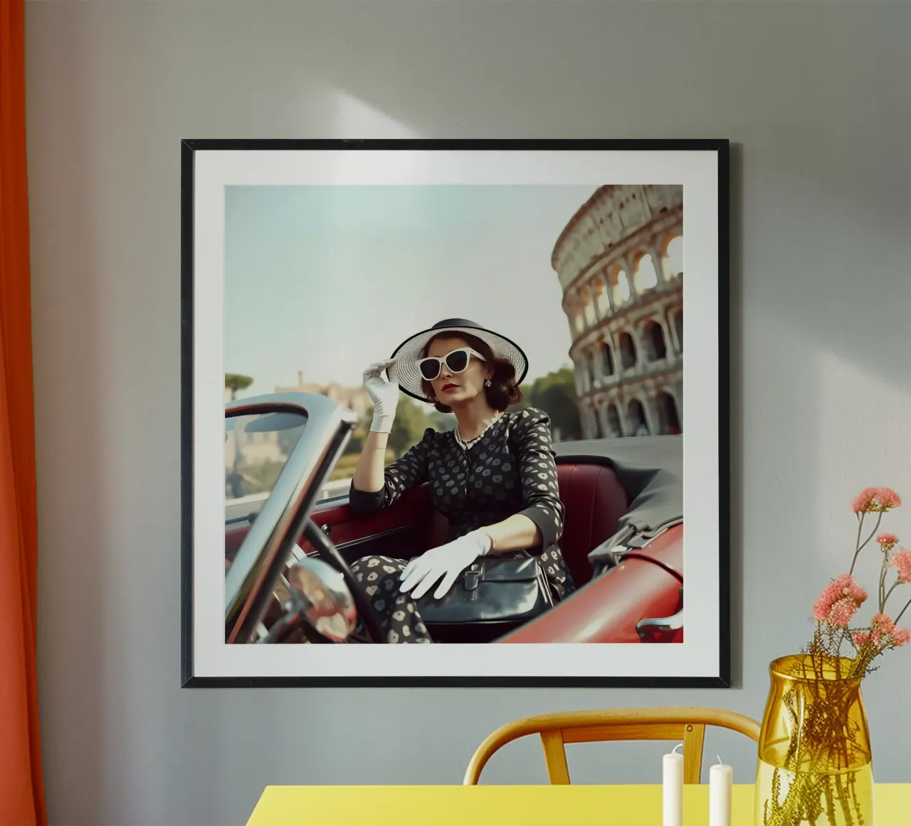 Dame uit 1960 in cabriolet bij Colloseum poster met houten frame van Anita's Dream