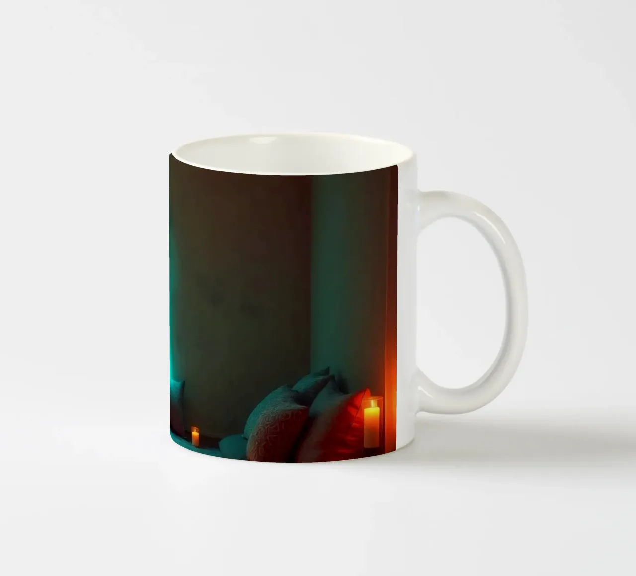Gezellige en rustgevende binnenruimte versierd met kaarsen keramische mok van DesignDoodle