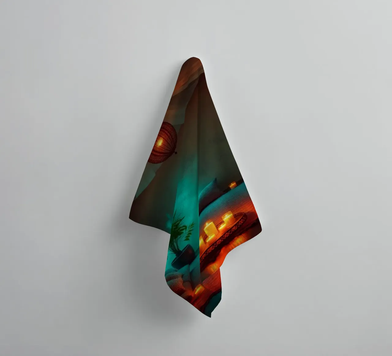 Gezellige en rustgevende binnenruimte versierd met kaarsen badhanddoek van DesignDoodle