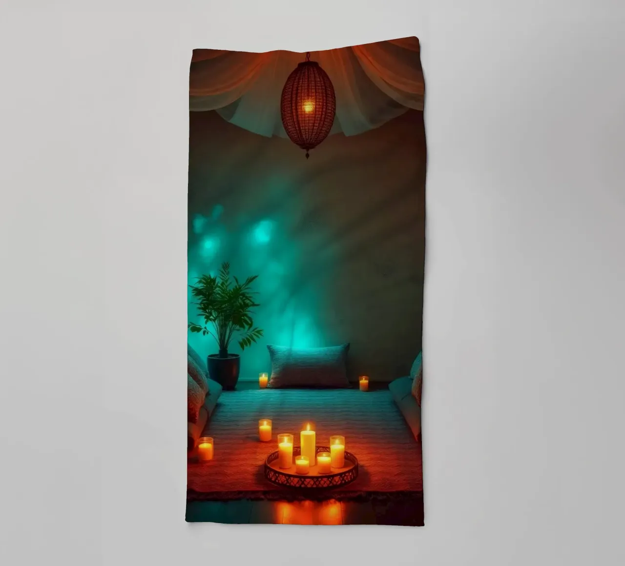 Gezellige en rustgevende binnenruimte versierd met kaarsen badhanddoek van DesignDoodle