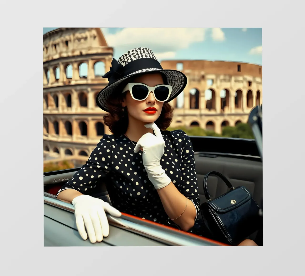 Signora di 60 anni in decappottabile vicino a Colloseum telo in pvc da Anita's Dream