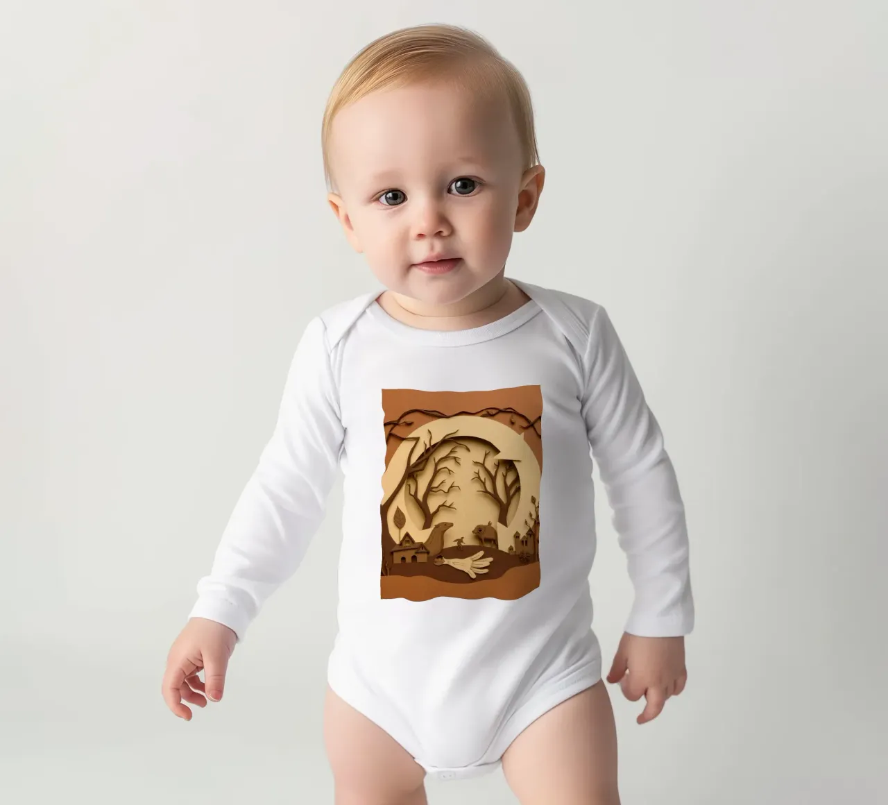 Creatieve papierkunst met een rustig boslandschap babyrompertje lange mouwen van DesignDoodle