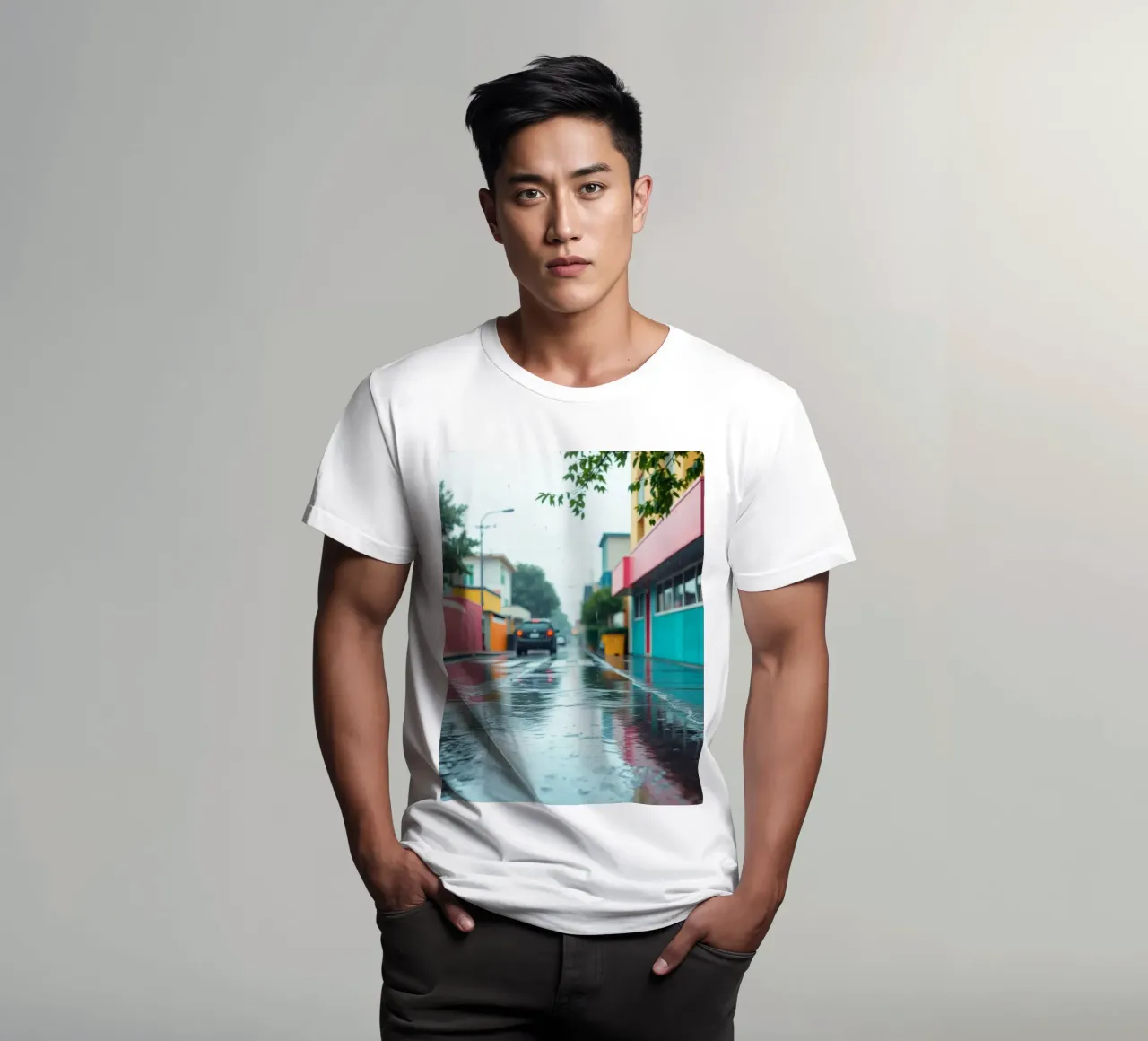Strada bagnata dalla pioggia con edifici colorati che riflettono l'acqua t-shirt da DesignDoodle