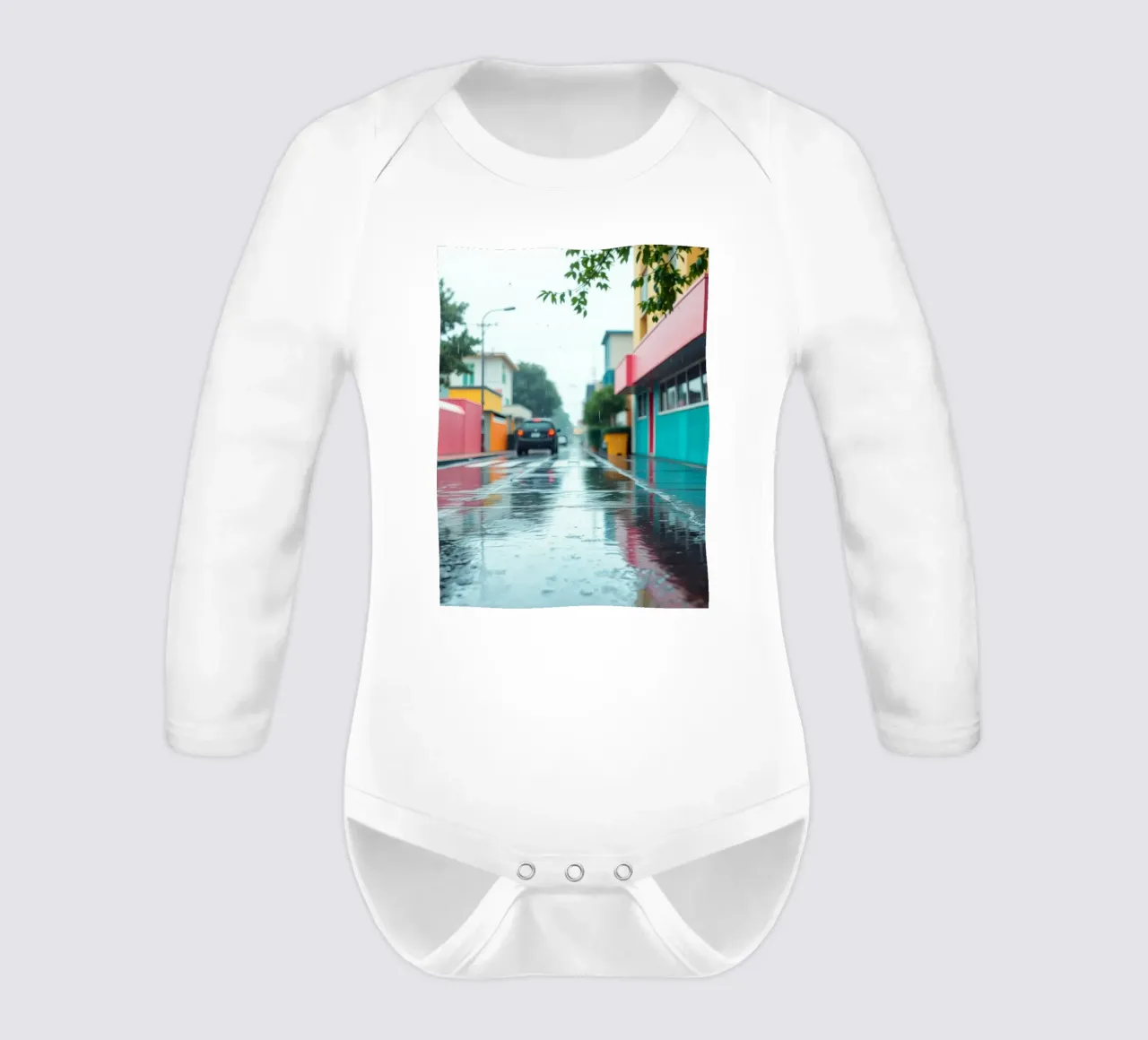 Rain-soaked street with colorful buildings reflecting water long-sleeve baby romper by DesignDoodle