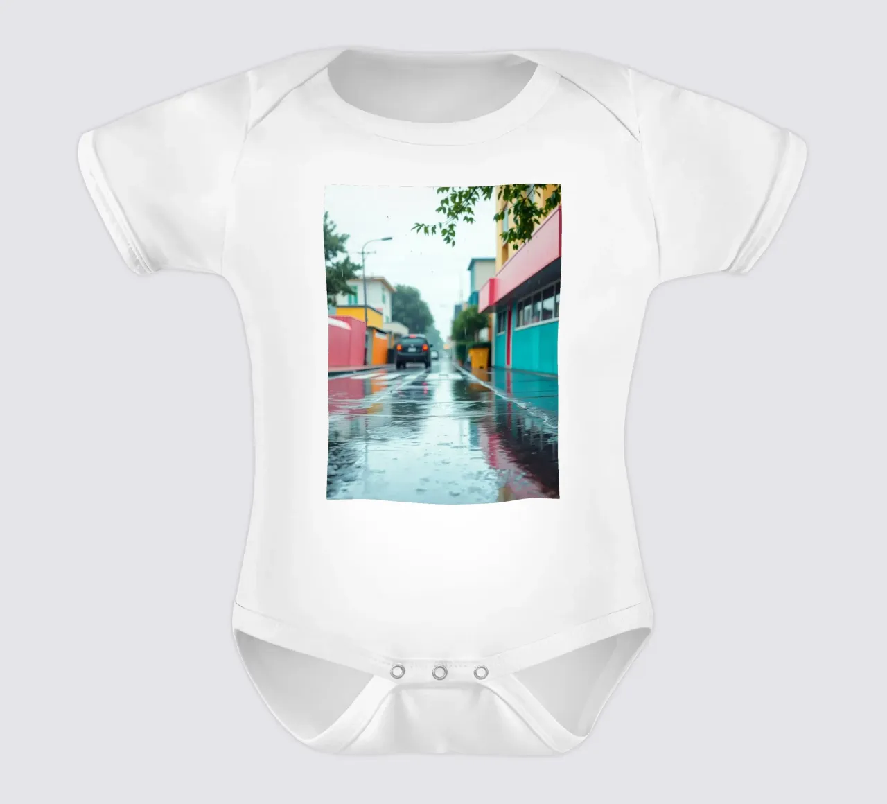 Strada bagnata dalla pioggia con edifici colorati che riflettono l'acqua body neonato maniche corte da DesignDoodle