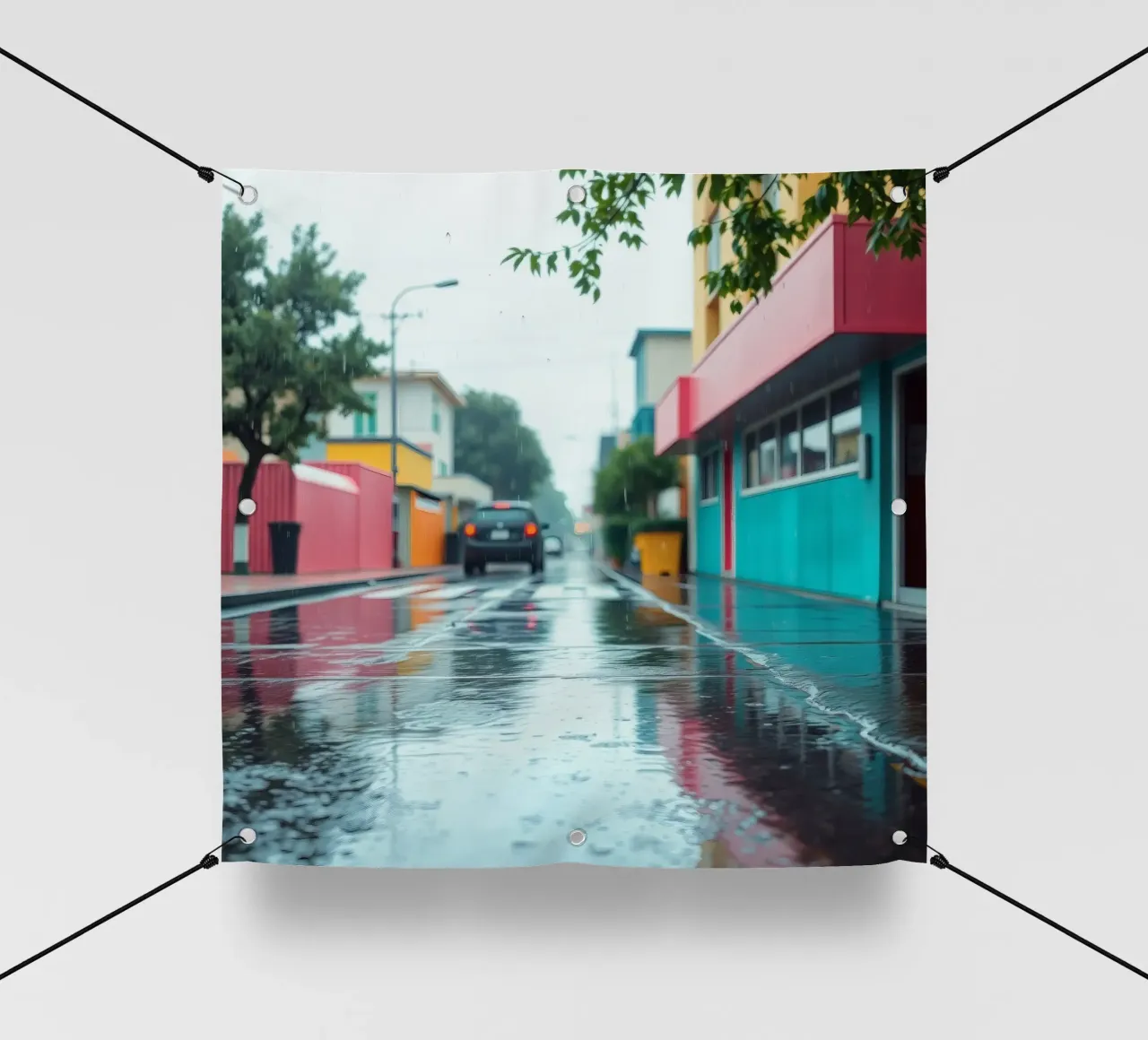 Strada bagnata dalla pioggia con edifici colorati che riflettono l'acqua telo in pvc da DesignDoodle